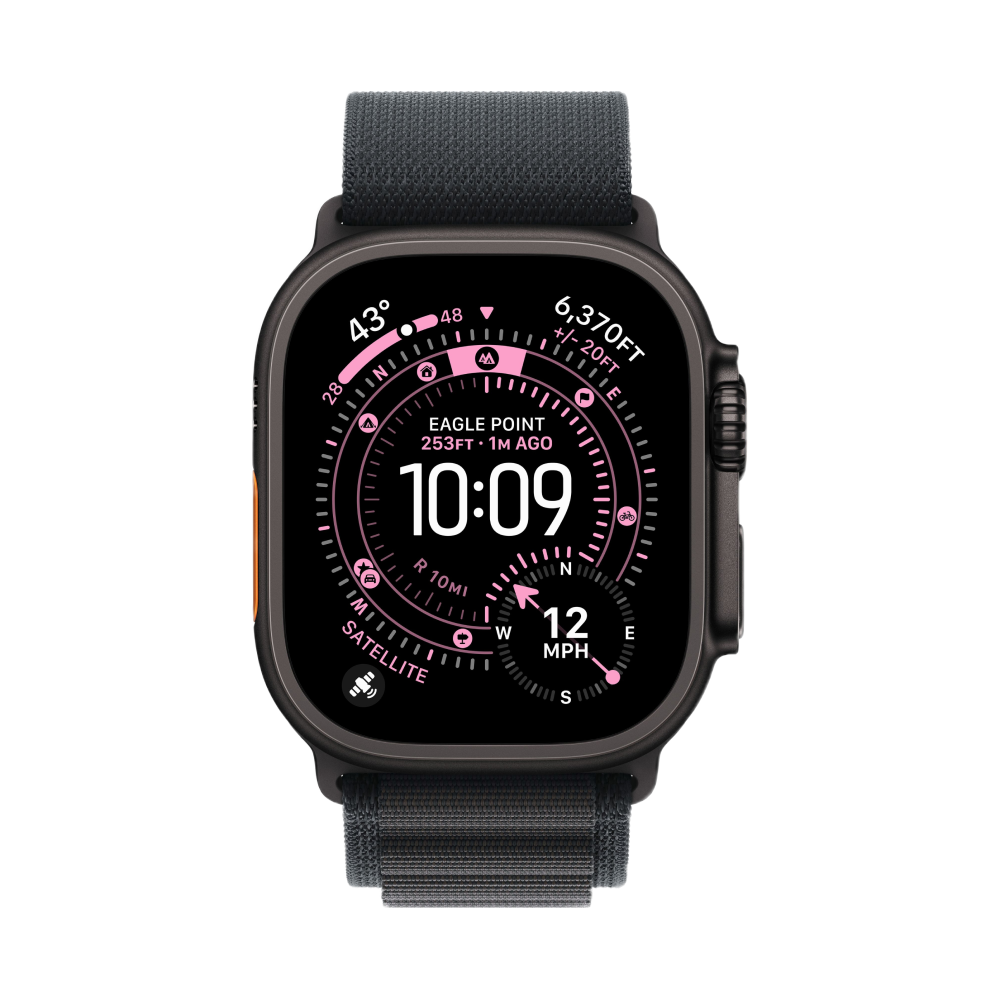 На фото изображено Apple Watch Ultra 3 GPS + Cellular, 49 мм, корпус из чёрного титана, ремешок Alpine, цвет чёрный, L