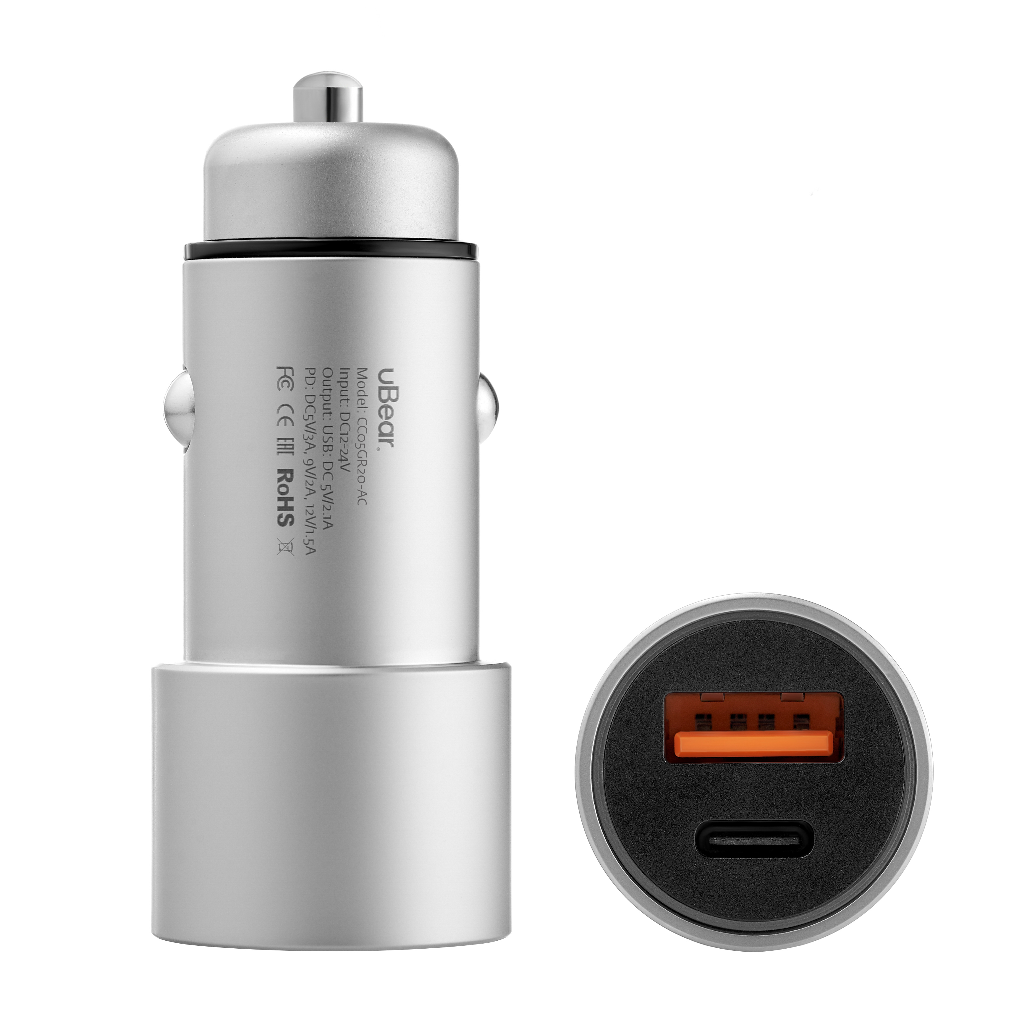 uBear Ride Car Charger, USB-C+USB-A, серый