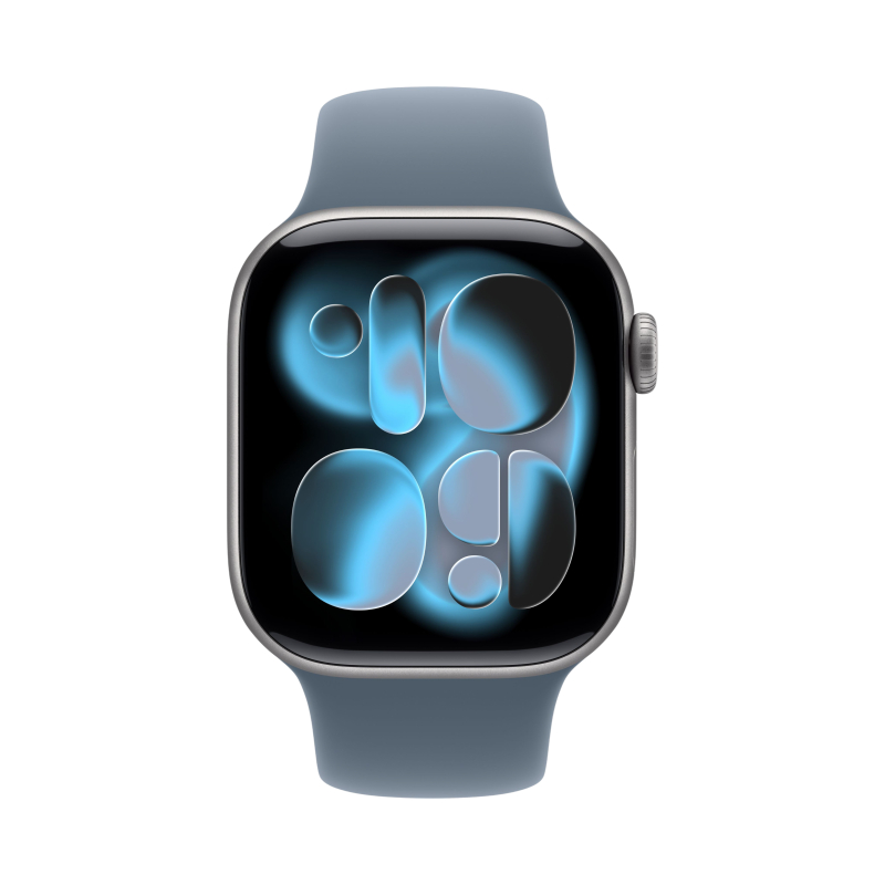 На фото изображено Apple Watch Series 11, 42 мм, корпус из алюминия цвета «Серый космос», спортивный ремешок, размер S/M