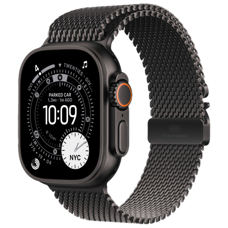 На фото изображено Apple Watch Ultra 3 GPS + Cellular, 49 мм, корпус из черного титана, ремешок Milanese черного цвета, размер L