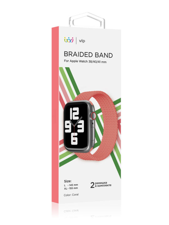 Ремешок нейлоновый плетёный VLP для Apple Watch 38/40/41, L/XL, коралловый
