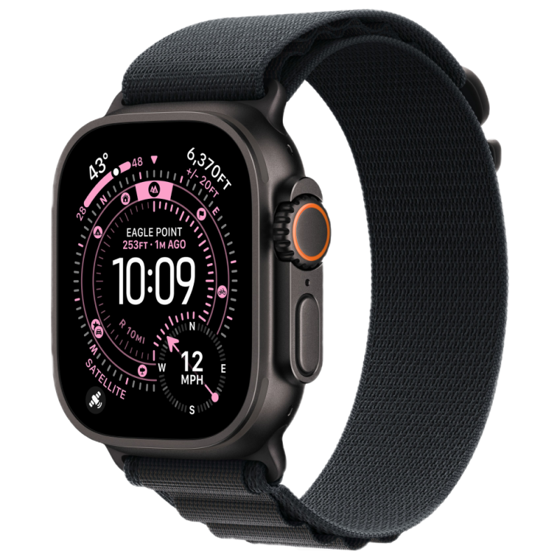 Фото Apple Watch Ultra 3 GPS + Cellular, 49 мм, корпус из чёрного титана, ремешок Alpine, цвет чёрный, L На фото изображено Apple Watch Ultra 3 GPS + Cellular, 49 мм, корпус из чёрного титана, ремешок Alpine, цвет чёрный, L
