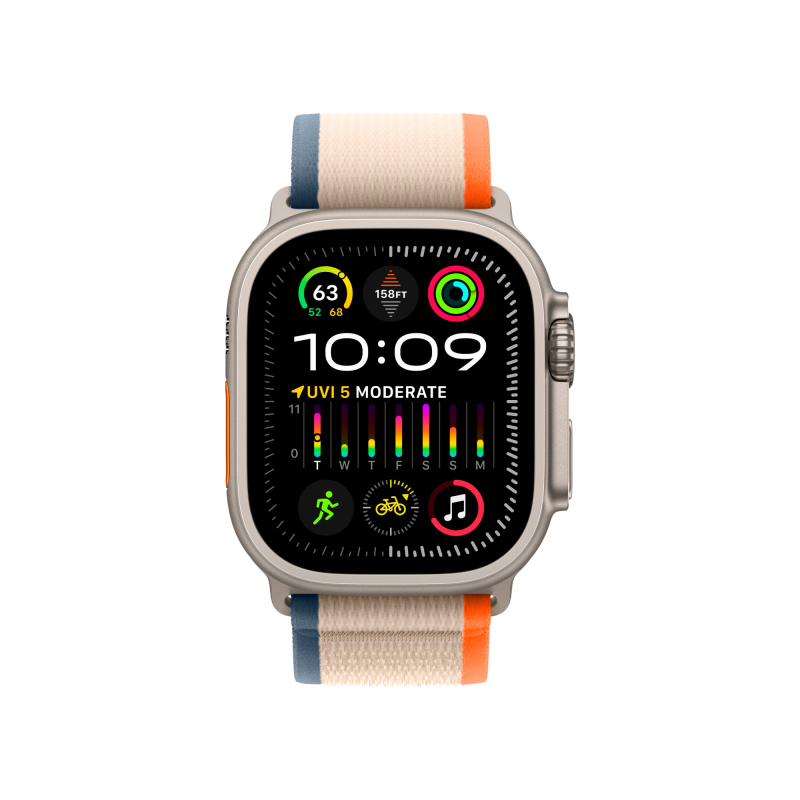На фото изображено Apple Watch Ultra 2 GPS + Cellular, 49 мм, корпус из титана, ремешок Trail цвет Оранжево/бежевый, S/M