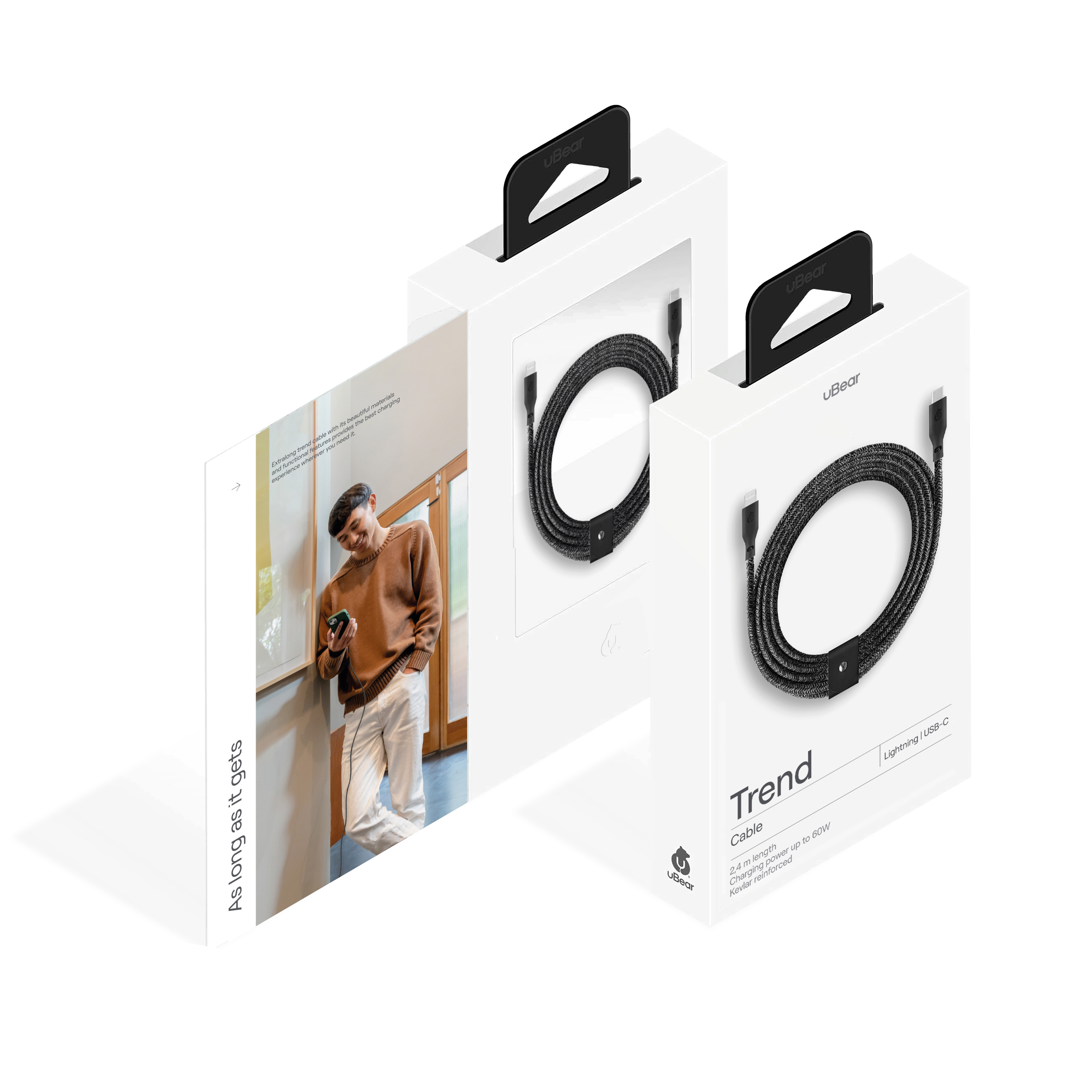 Зарядный кабель uBear Trend, USB-C/Lightning, 2,4м, чёрный
