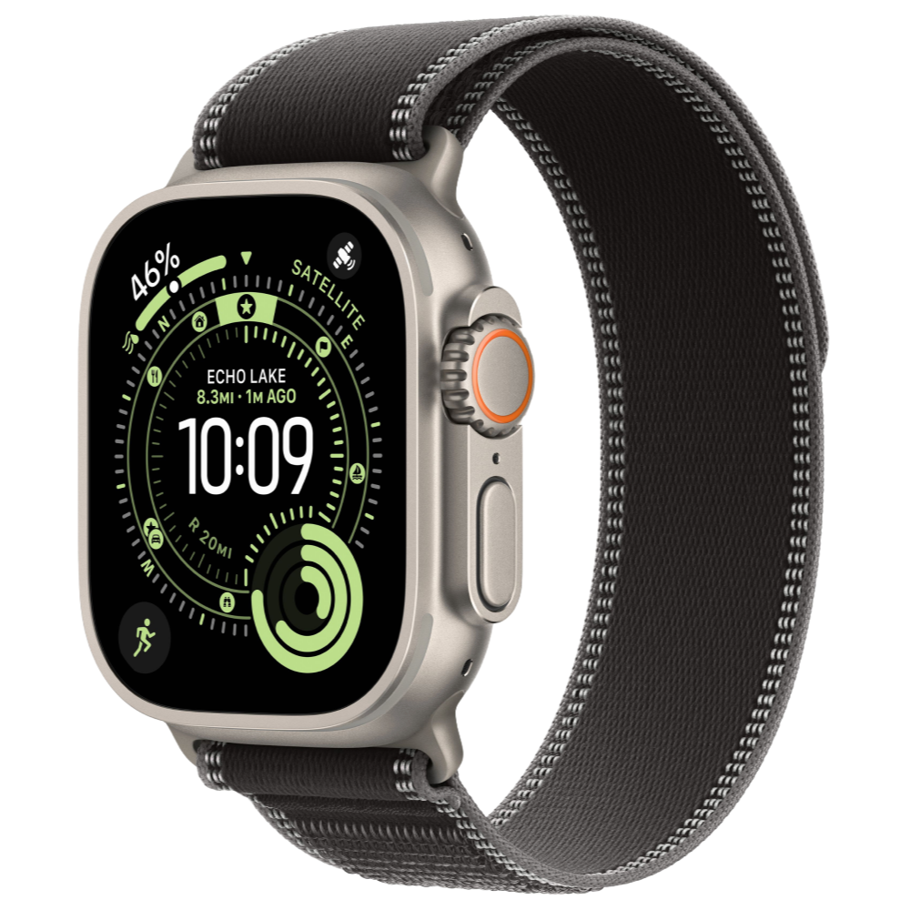 На фото изображено Apple Watch Ultra 3 GPS + Cellular, 49 мм, корпус из натурального титана, ремешок Trail, цвет чёрный, M/L
