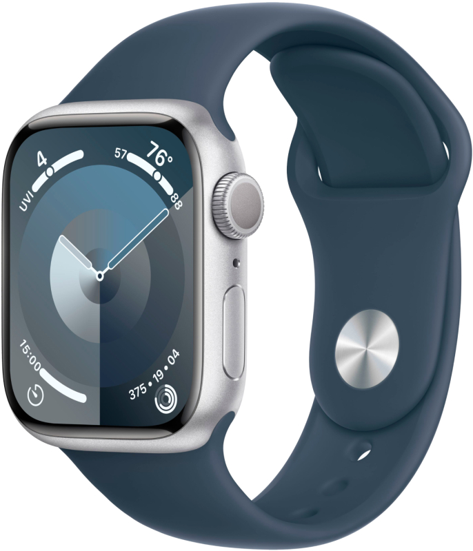 Apple Watch Series 9, 45 мм, корпус из алюминия цвета «Серебристый», спортивный ремешок, размер S/M Apple Watch Series 9, 45 мм, корпус из алюминия цвета «Серебристый», спортивный ремешок, размер S/M