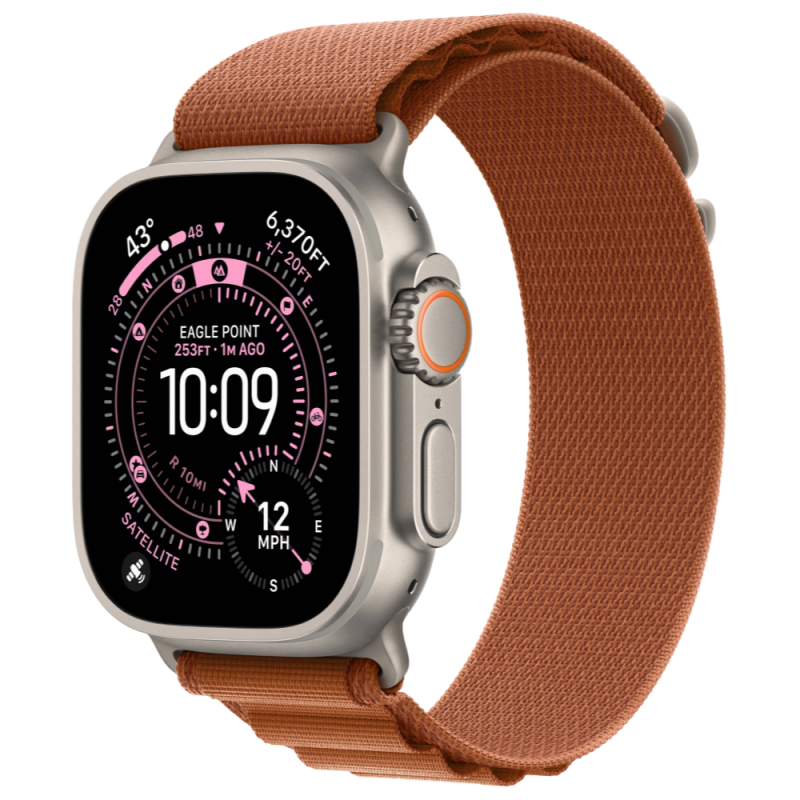 Фото Apple Watch Ultra 3 GPS + Cellular, 49 мм, корпус из натурального титана, ремешок Alpine, цвет терракотовый, S На фото изображено Apple Watch Ultra 3 GPS + Cellular, 49 мм, корпус из натурального титана, ремешок Alpine, цвет терракотовый, S