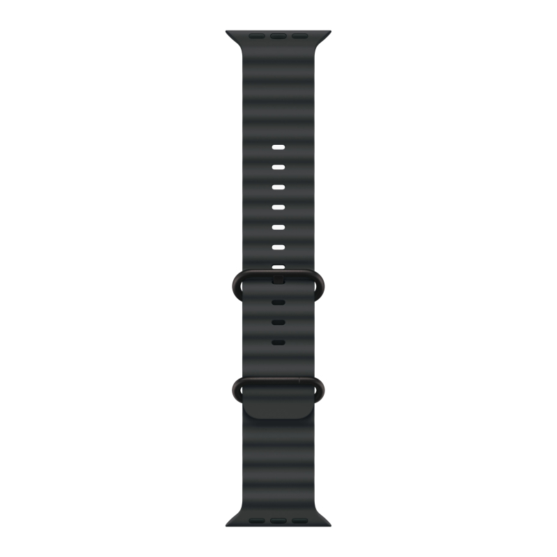 На фото изображено Apple Watch Ultra 2 GPS + Cellular, 49 мм, корпус из черного титана, ремешок Ocean черного цвета