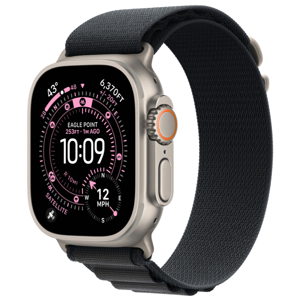 На фото изображено Apple Watch Ultra 3 GPS + Cellular, 49 мм, корпус из натурального титана, ремешок Alpine, цвет чёрный, M