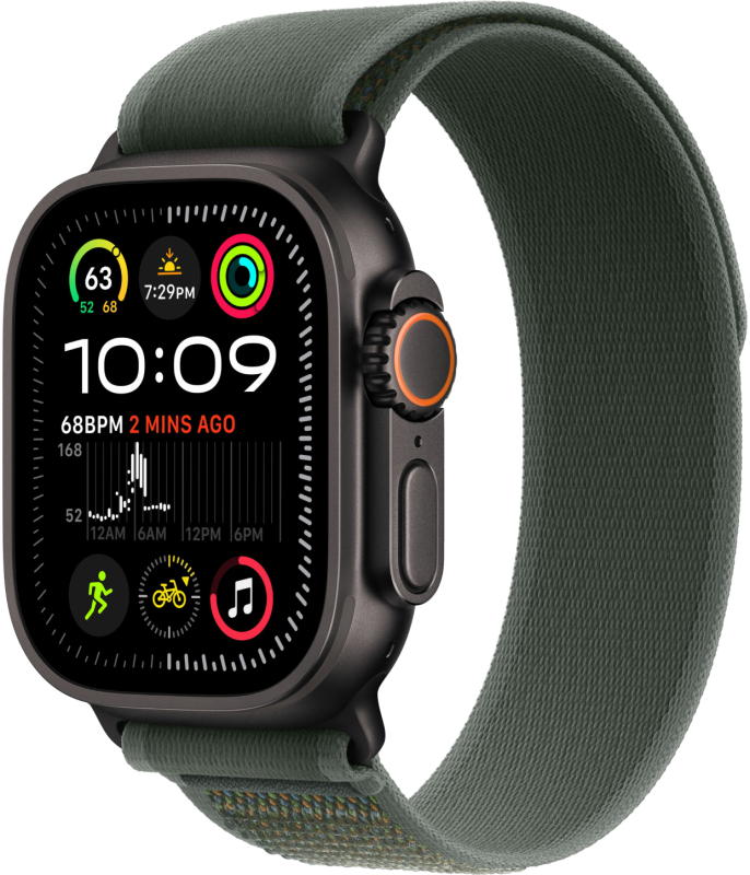 Apple Watch Ultra 2 GPS + Cellular, 49 мм, корпус из черного титана, ремешок Trail зеленого цвета, размер S/M Apple Watch Ultra 2 GPS + Cellular, 49 мм, корпус из черного титана, ремешок Trail зеленого цвета, размер S/M